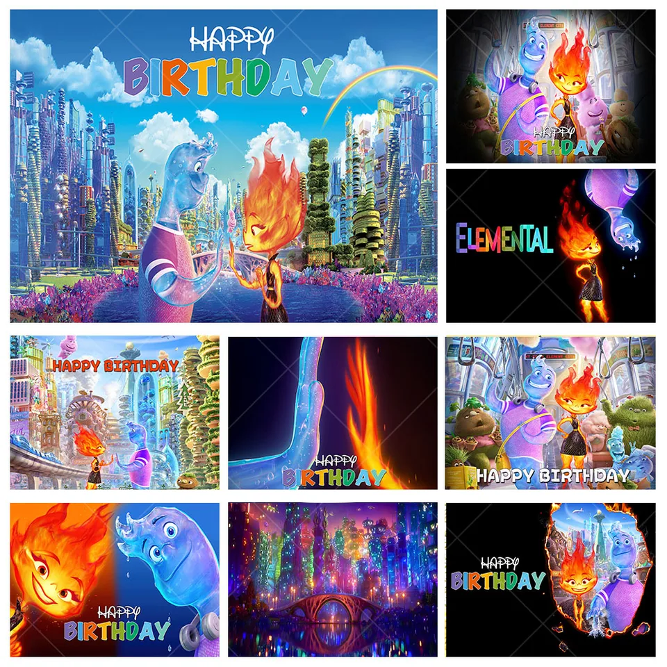 Disney Elemental City skúmanie pozadia Kids narodeninové dekorácie pozadie Voda Fire Vinyl Polyester Photography Decor Ress