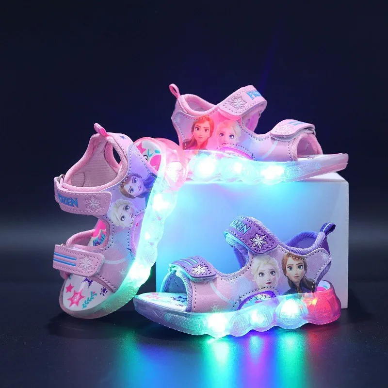 Disney Frozen Elsa Princess Girls Sandals Princezná topánky Detské športové suchý suchý suchý suchý suchý suchý suchý suchý suchý suchý suchý suchý suchý suchý suchý suchý suchý sranda LED LIGHT UP KARTOUNCE Plážové topánky