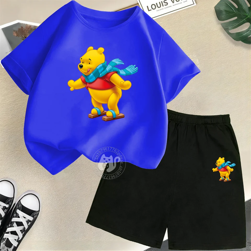 Disney Kids Summer 100% bavlnené tričko s krátkym rukávom + šortky sada skateboard medveď tlač teen chlapci dievčatká športové letné oblečenie