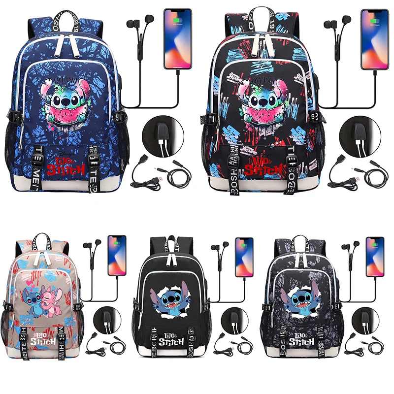 Disney Lilo Stitch Schoolbags Boys Dievčatá batohy Teenager USB nabíjanie notebook batoh ženy muži muži Rucksnack Mochila cestovná taška