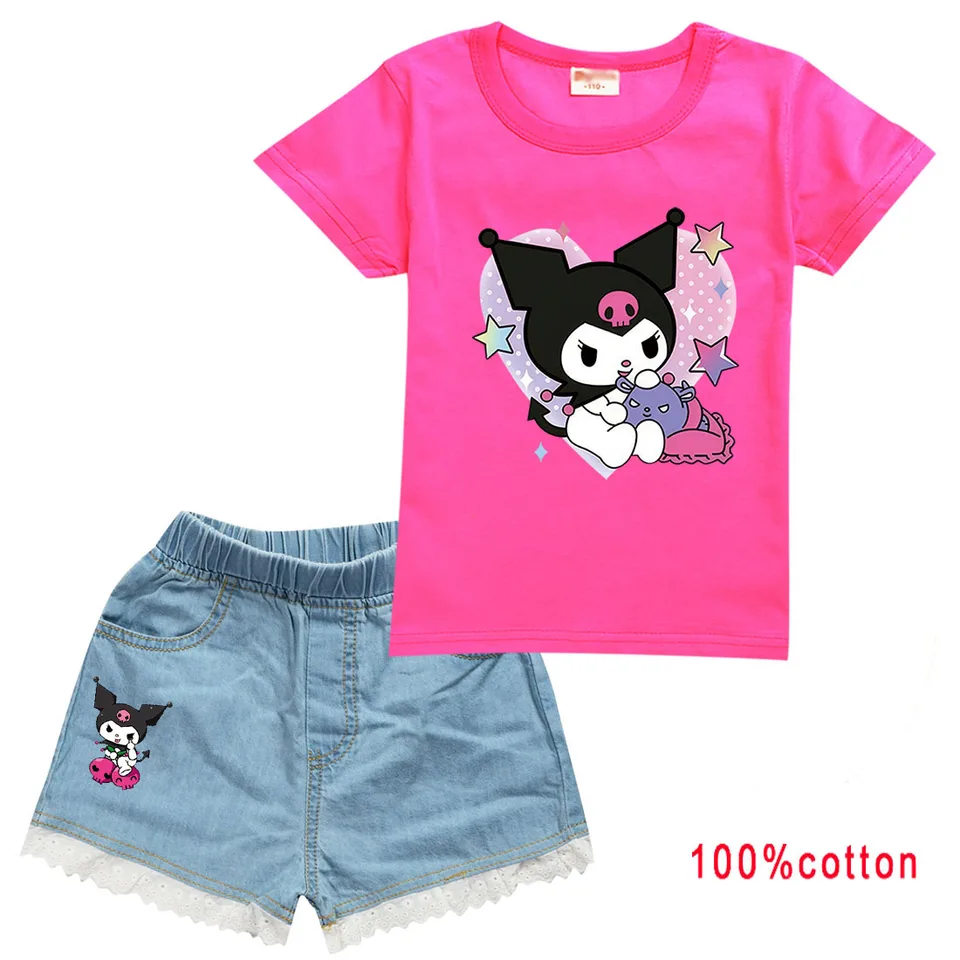 Disney Melody Kuromi pruhované letné dievčatá Detské dievčatá Tričko s krátkym rukávom + džínsové šortky sada narodeninových darčekov 2ks