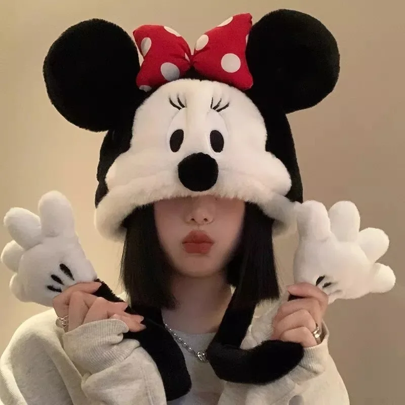 Disney Mickey klobúk sladká dámska zimná zima Hrubé chlpaté klobúky roztomilé karikatúra Minnie Donald Duck Outdoor Ear Protector plyšové klobúky