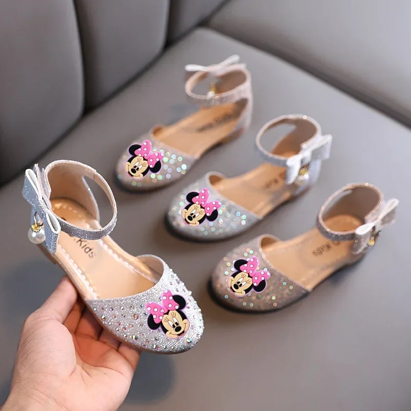 Disney Mickey Mouse Dance topánky deti Minnie Sandals Spring Nové dievčatá Príležitostné topánky perlové kamienko roztomilé topánky princeznej