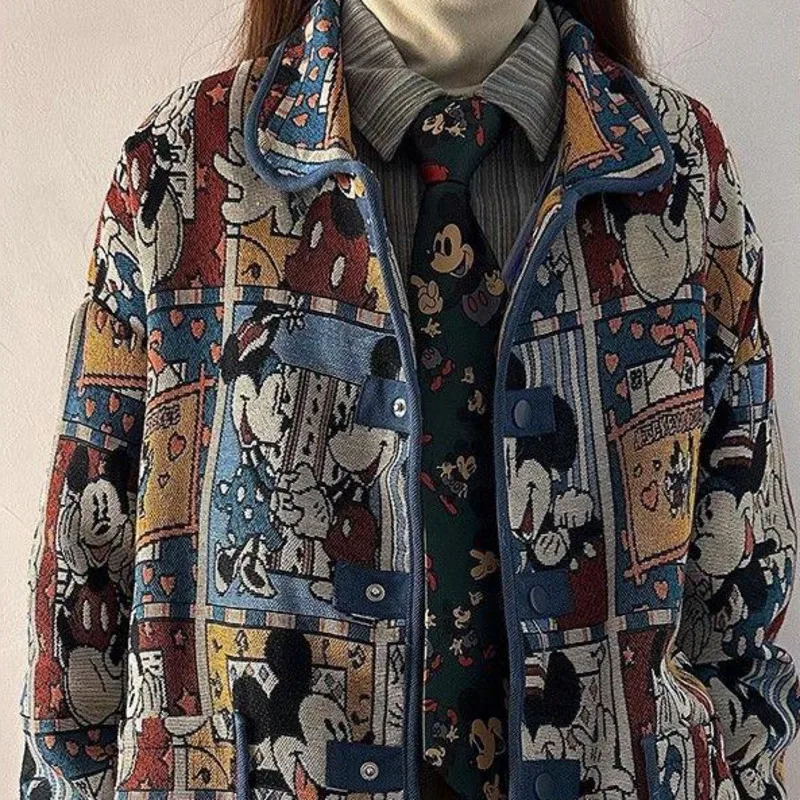 Disney Mickey roztomilý karikatúra Jacquard Jacket Dámsky jesenný americký štýl Vintage voľný kabát jedinečný dizajn Trendy všestranná bunda