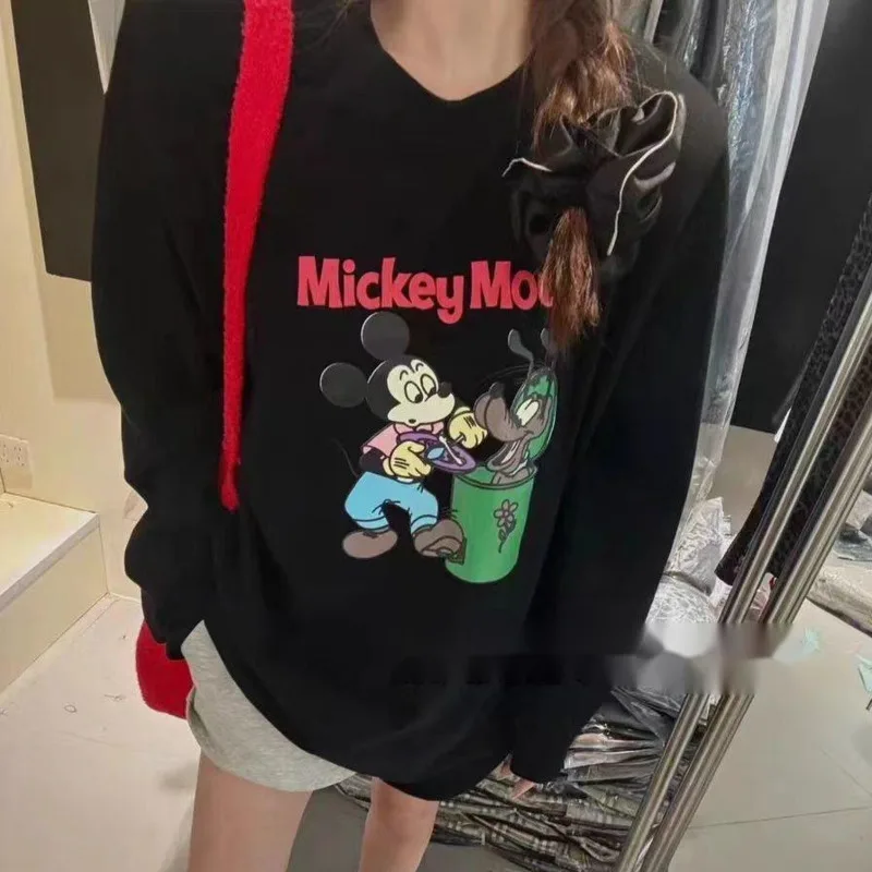 Disney Mickey Trendy Skoré jeseň nové Tees Kreatívna roztomilá zábava Tlačená bavlna voľné tričko Kórejská verzia módna s dlhým rukávom top