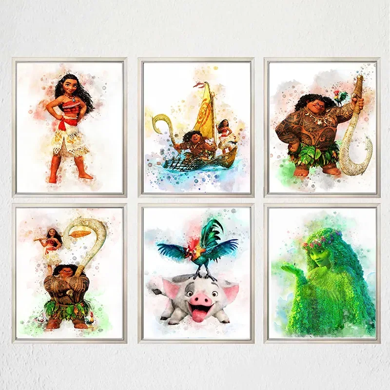 Disney Moana Watercolor Canvas maľba maui pua hei tefiti plagát Wall Art Picture for Living Kids Room Domovod dekor cuadros