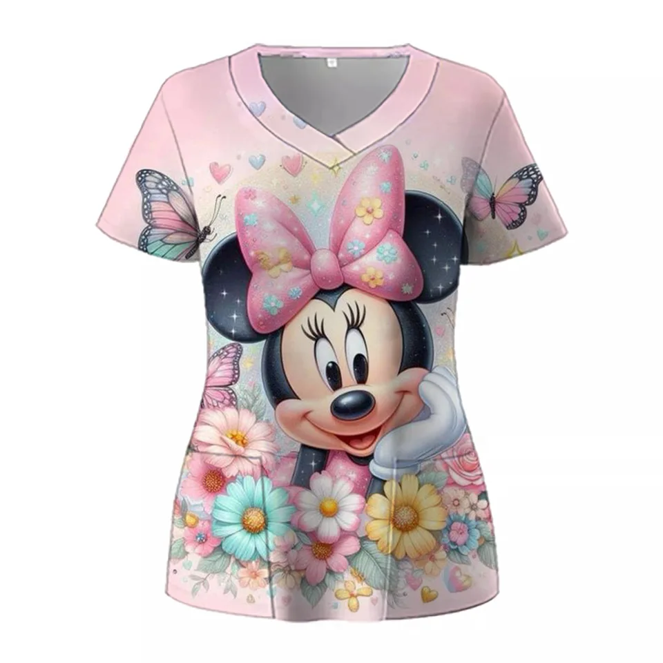 Disney Nurse Uniformné vreckové kórejské oblečenie čierna ružová Minnie Mouse Mickey Top Y2K Obliekanie pre dámske tričko pre nadmerné