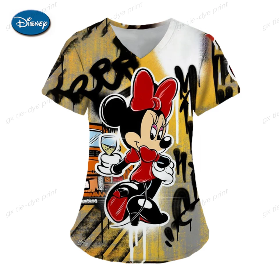 Disney Nurse Uniformné vreckové kórejské oblečenie čierna ružová Minnie Mouse Mickey Top Y2K Obliekanie pre dámske tričko pre nadmerné
