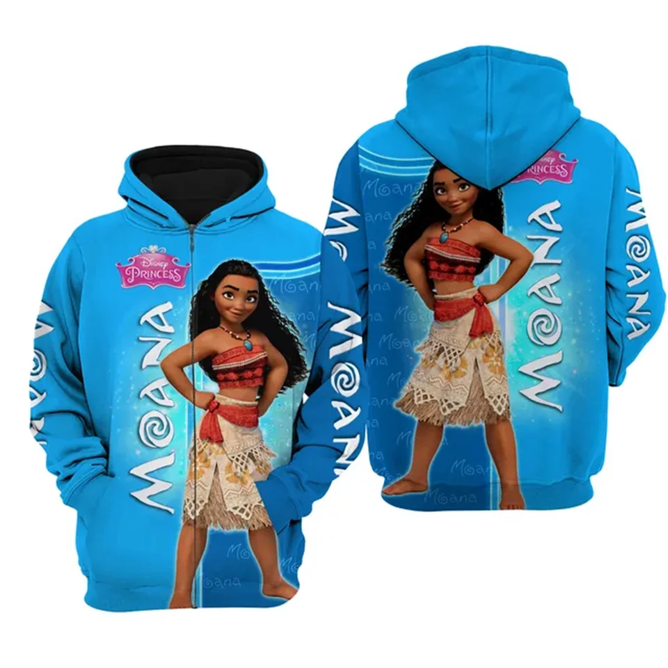 Disney Princezná Moana Hoodie Men's and Women's Casure Mikiny Disney 3D Zips Hoodie Harajuku Street Pullover Hoodie 2024