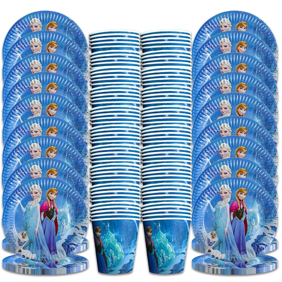 Disney princezná narodeninová oslava dekorácia 60ks/set girl Boy uprednostňuje výzdobu Blue Elsa Paper Plates Cup Deco Events