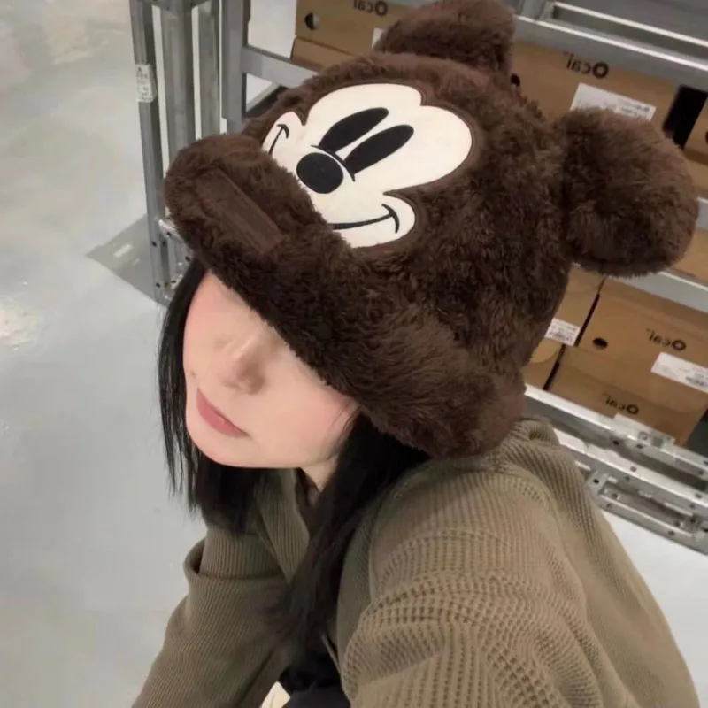 Disney roztomilý karikatúra Mickey plyšový klobúk dámska zimná trendy roztomilý uší ochrana klobúk sladký štýl dievčaťa Nový všestranný klobúk