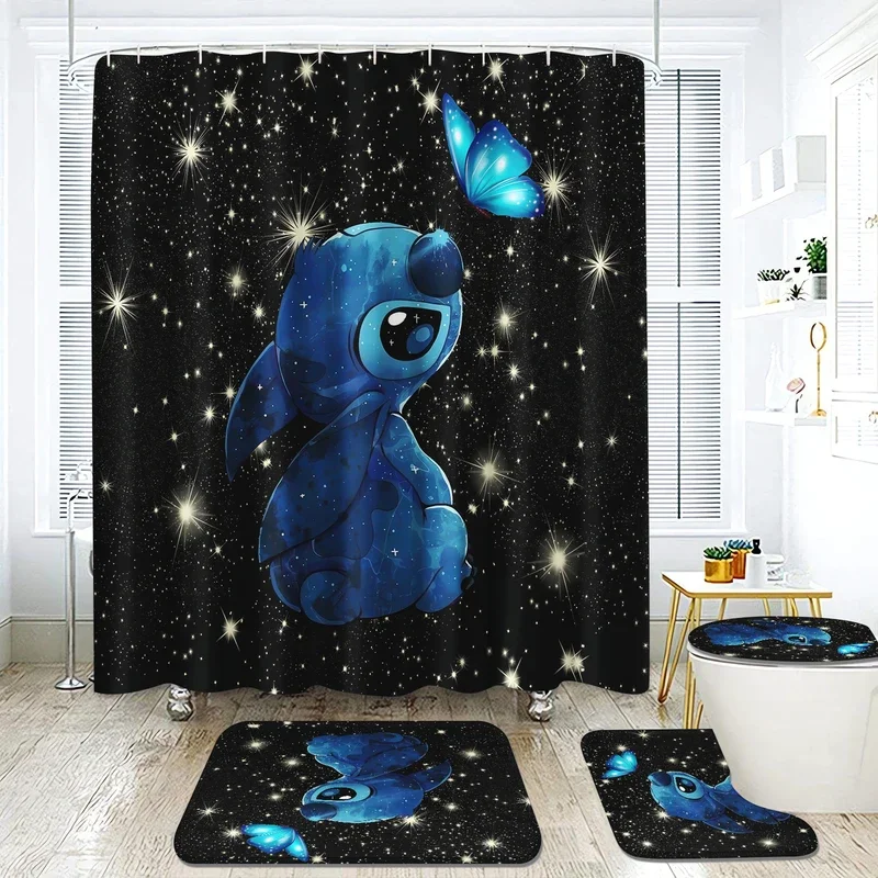 Disney Stitch 4 -kusová sprchová kúpeľňa karikatúra anime roztomilé záclony kúpeľňa luxusné dekorácie a doplnky súpravy plné súpravy rohože