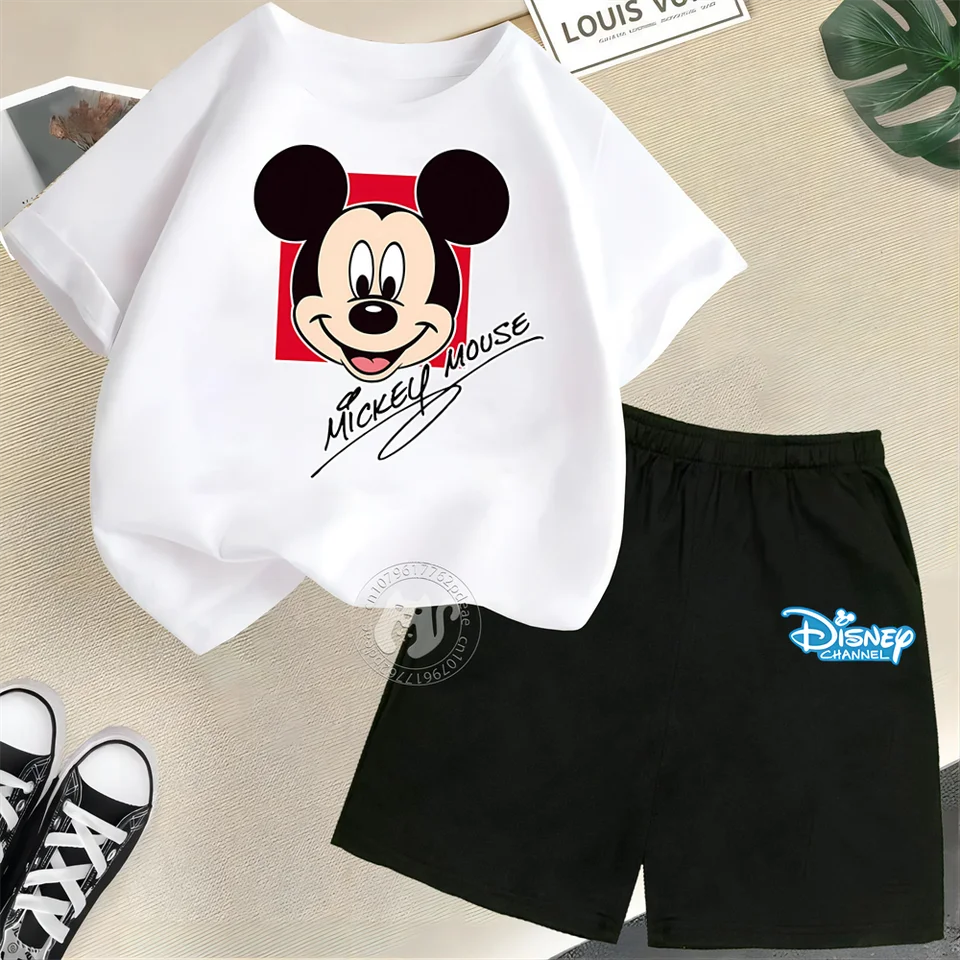 Disney Teen Cute Mickey Mouse Collective Pattert Tlač 100% bavlnené deti Crewneck Tričko/šortky chlapci dievčatá letné krátke rukávy s