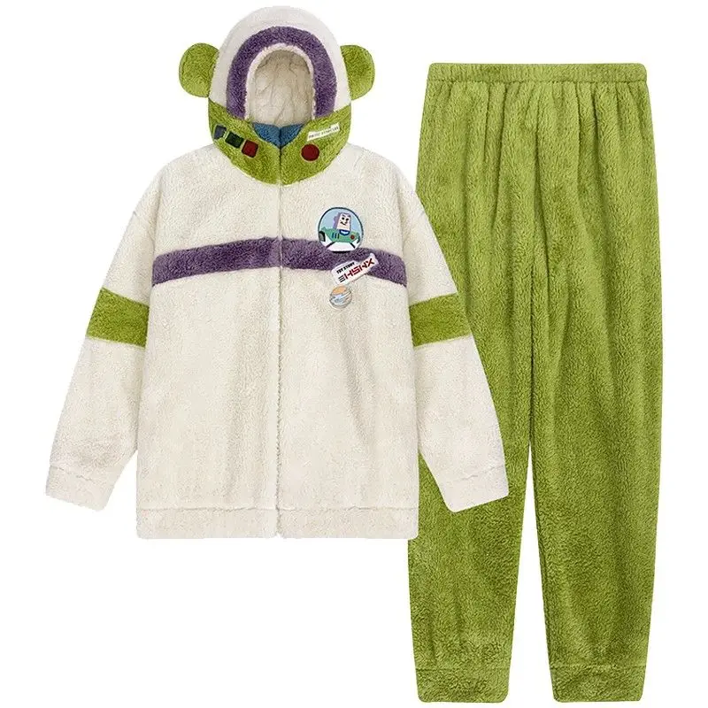 Disney Toy Story Buzz Lightyear pyžamy Žena jeseň zimná zimná koralová fleece s kapucňou domáce oblečenie pyžama set pár kawaii darček
