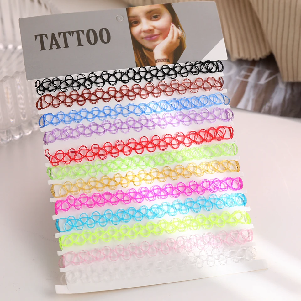 DIY 12ks mix Zmiešajte farbu Vintage Hippy Stretch Tattoo Choker Náhrdelník Elastický kecker náhrdelník