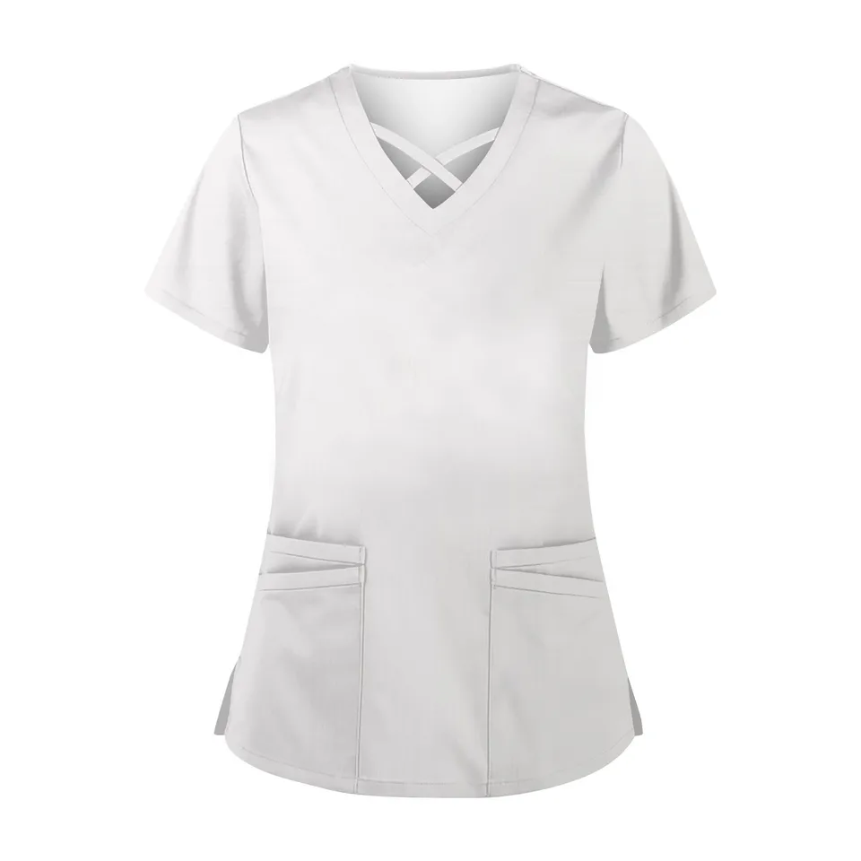 DIY biele tričko Dámske dámske neformálne sestry Uniformné vreckové lekárske uniformy ošetrovateľstvo Tops Tops Pracovné oblečenie