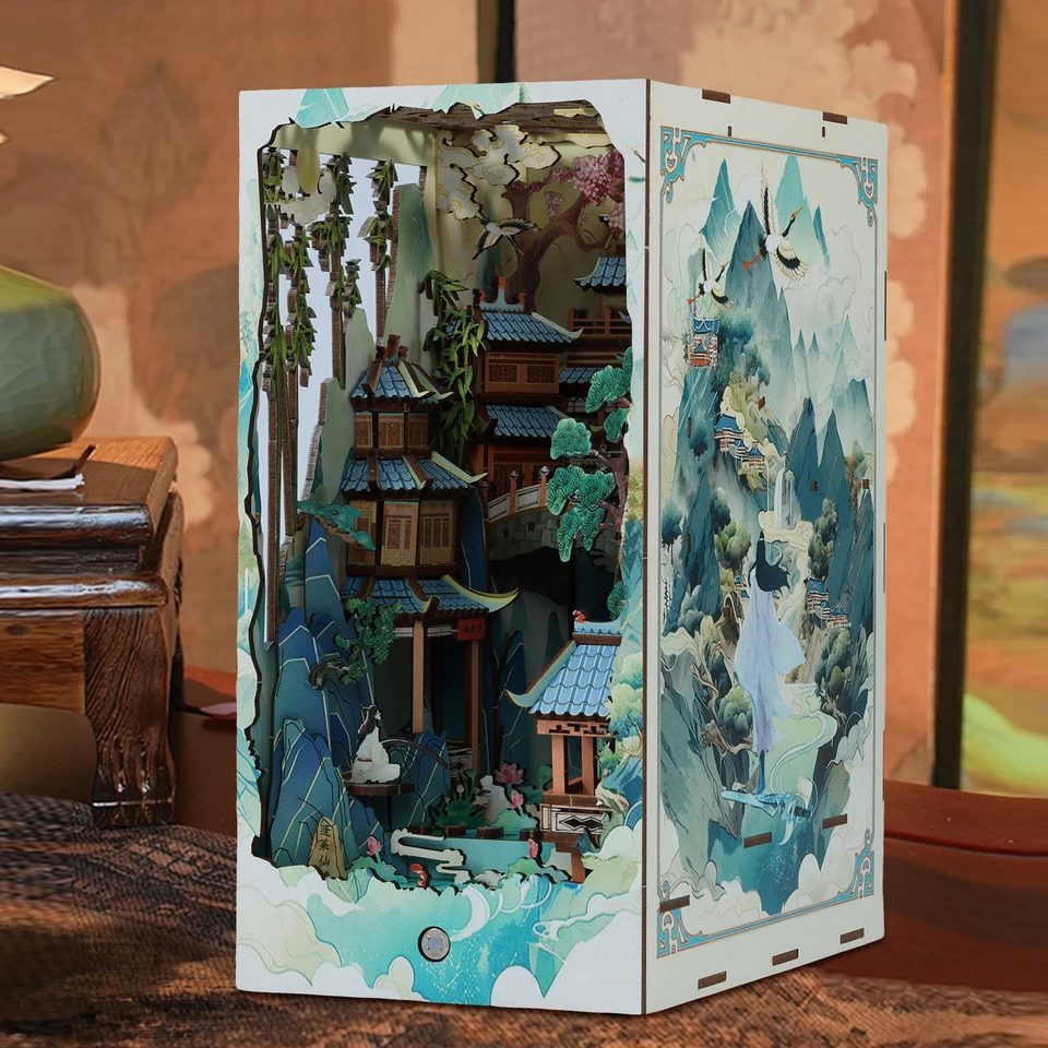 DIY Book Nook Kit vložka miniatúrna bábika House Bookend 3D Puzzle Model Build Wood Bookshelf Hračka pre vianočné dekorácie domácej kancelárie