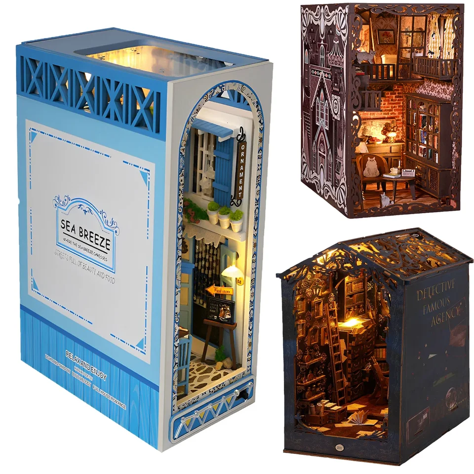 DIY Book Nook Miniatures Police vložte do bábiky Model Roombox Building Kit Drevené knižné hračky Bookend pre valentínske darčeky