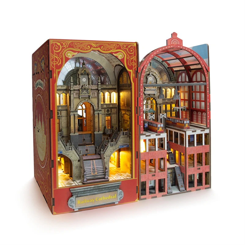 DIY Book Nook Police Insert súpravy Drevená miniatúrna stavebná súprava Railway Cathedral Bookend Zhromaždená knižnica