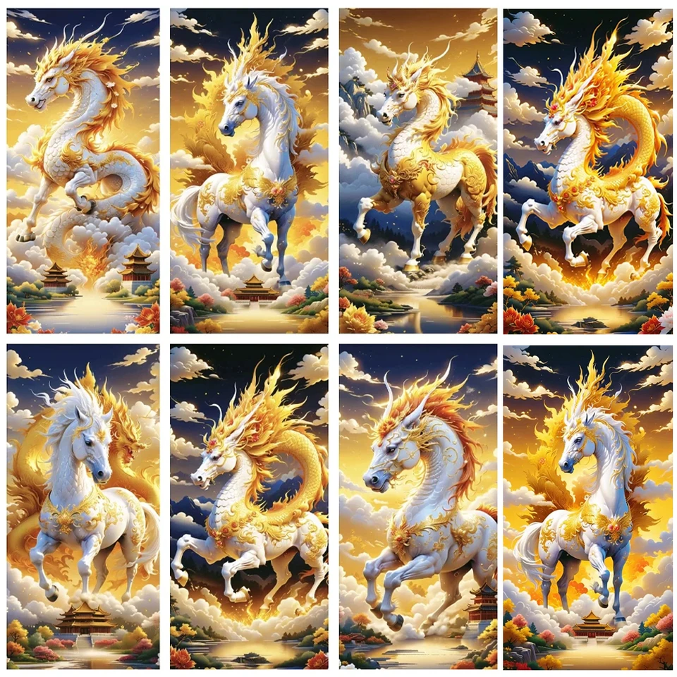 DIY Diamond Painting Veľký zlatý drak drak šperky Diamond Mosaic White Horse Clound Flower 5D krížový výšivka Domáca dekorácia