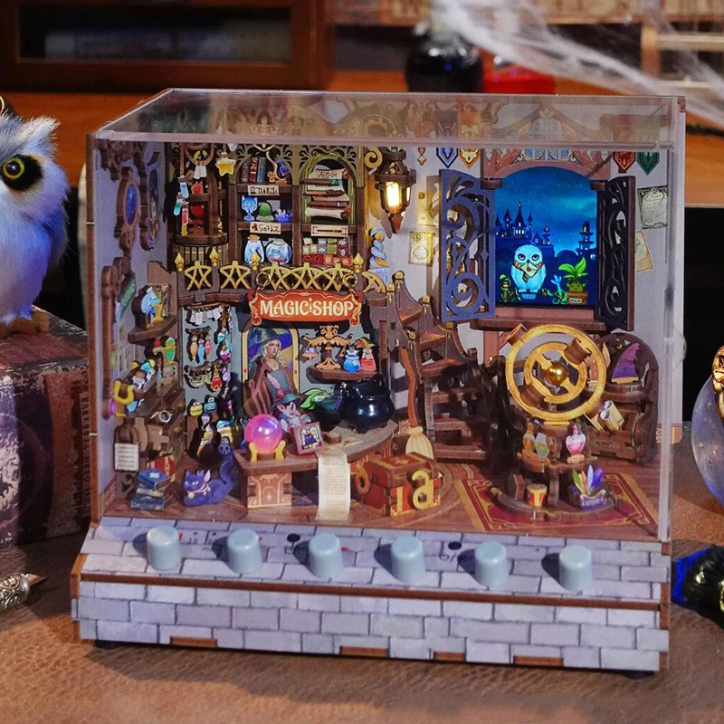 DIY Drevené miniatúrne modelové súprava Kúzla Magic Shop Casa Dollhouses Villa 3D Puzzle s ľahkým zvukom Domáce dekorácie Priatelia vianočné darčeky