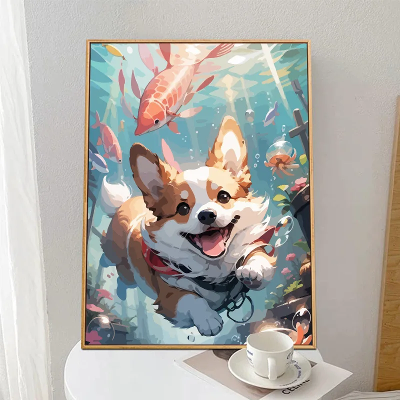 DIY farby podľa čísel roztomilé šteniatko Corgi Dig Digitálne hranie vo vode olejomaľba pre dospelých a deti pre domácich majstrov