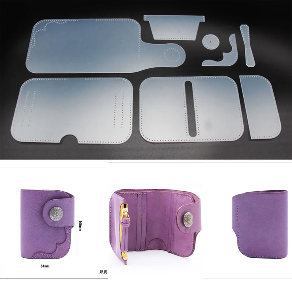 DIY kožené remeslá malá zložená peňaženka PVC šablóna rezanie šijacieho vzoru 1