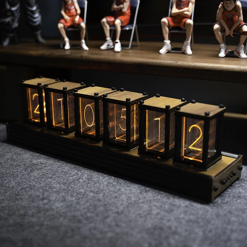 DIY Nixie Glow Tube Clock Digital Wood Tiché stolné hodiny Kreatívne luxusné elektronické stolné počítače RGB Desk Clocks hodinky dekorácia