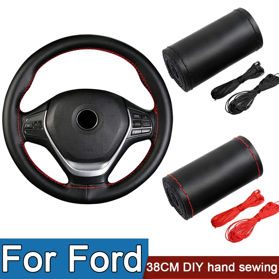 DIY Originálne kožené auto na volant Cover Universal 38 cm /15 palcov pre Ford Focus 5 Mondeo Mk2 Mk3 Mk4 Mk7 Fusion Kuga F150