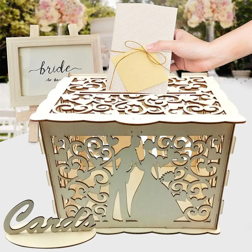DIY svadobná karta Box Drevené páry peňažné škatule s uzamknutým kvetinovým vzorom svadobné dekorácie Darčeková obálka Narodeniny