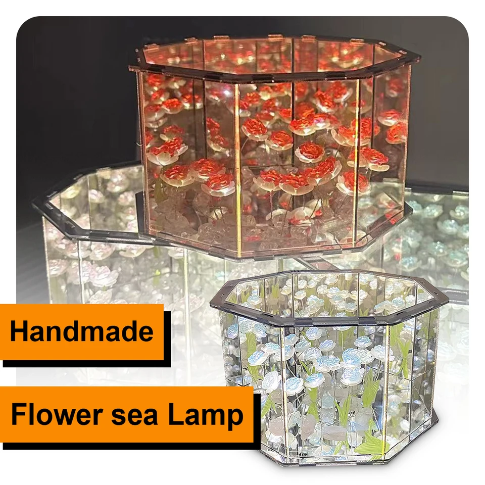 DIY Tulip ružové zrkadlo kocka lampa LED kvetinový morský materiál