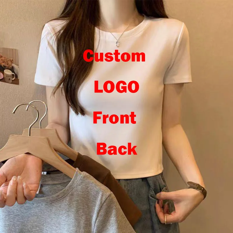 DIY váš vlastný dizajnový vzor Prispôsobte letný krátky rukáv o krk pevná farba dám z bavlny mäkké plodiny Tops módne tričko