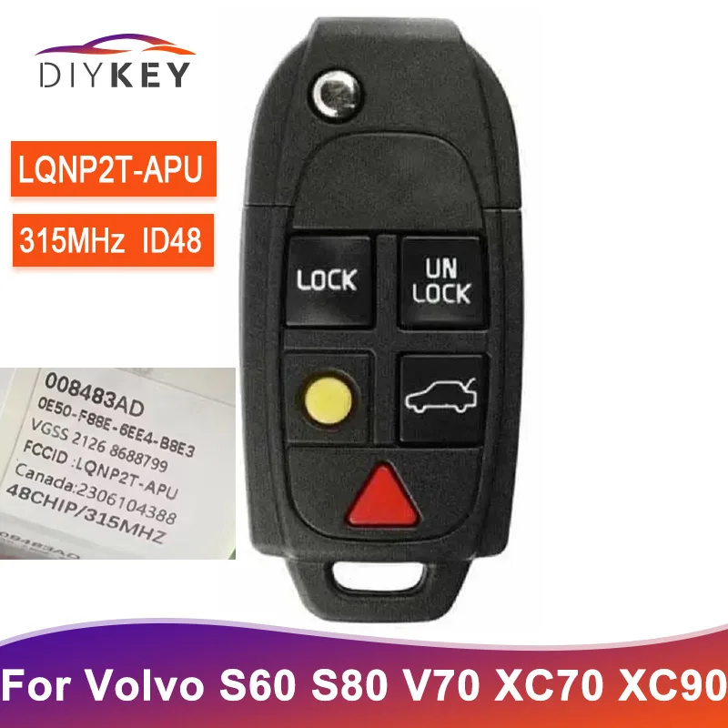 Diykey LQNP2T -APU 5 tlačidiel pre Volvo S60 S80 V70 XC70 XC90 2004 2005 2006 - 2015 Smart Remote Remote 315MHz ID48 ID48 Čipový kľúč P/N: 8688799