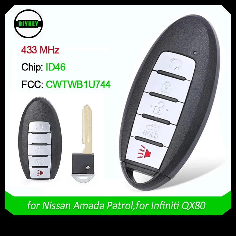Diykey Smart Remote Car Key s 5 tlačidlami pre Nissan Patrol Armada pre Infiniti QX80 2014 2015 2016 2017 2018 FCC: CWTWB1U744