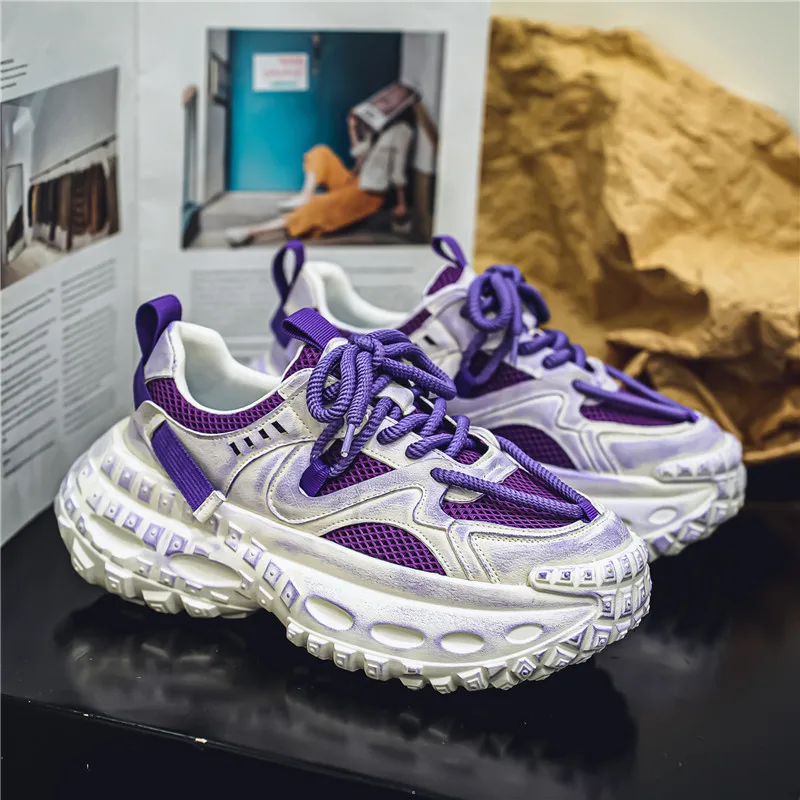 Dizajn fialová výška zvyšujúca topánky Muži Priedušné hrubé spodné pánske neformálne tenisky Hip Hop Rock Style Platform Sport Shoe Shoe Shoe
