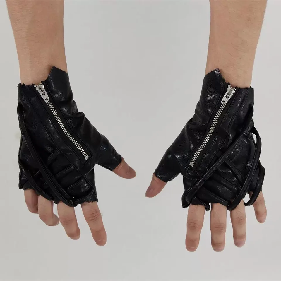 Dizajn popruhu Techwear v štýle zips taktické kožené rukavice Men ženy vintage hip hop punk punk bez prstov rukavice bez prstov