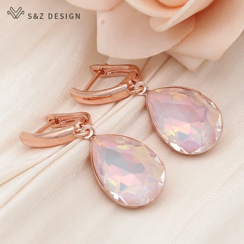 Dizajn S&Z Nová módna voda Drop Crystal Dangle náušnice pre ženy Svadobné štýlové 585 Rose Gold Color Eurdrop Darček darček