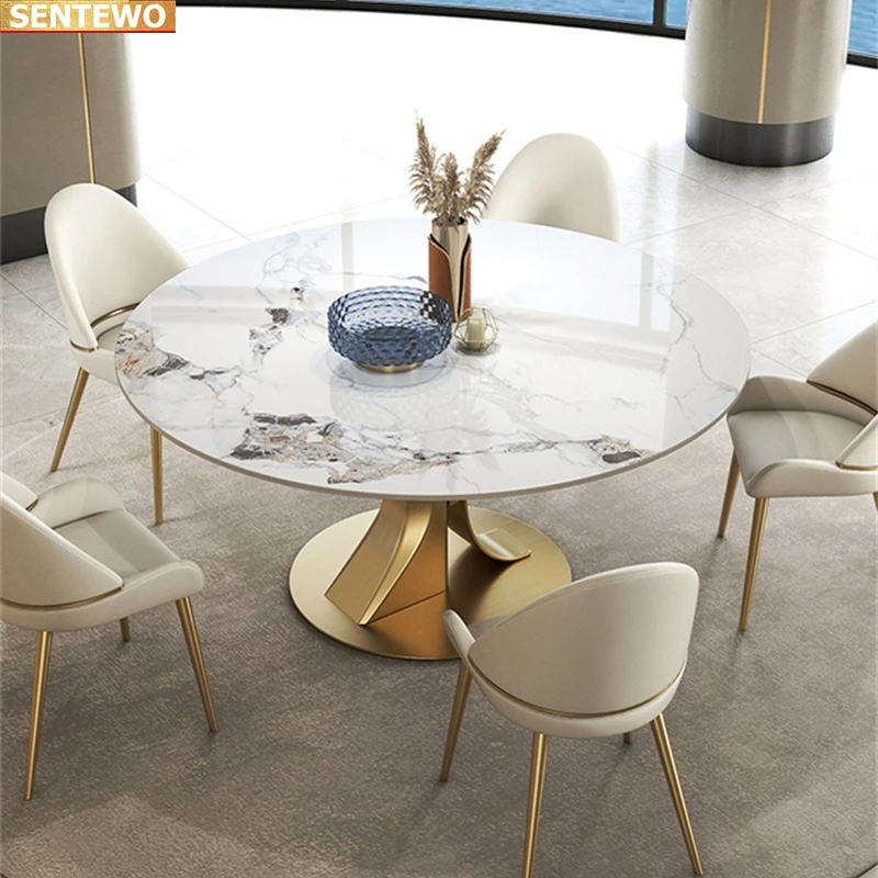 Dizajnér luxusný okrúhly jedálenský mramor rock doska jedálenský stôl 6 stoličiek Mesa Comedor Furniture Meuble z nehrdzavejúcej ocele zlatá základňa