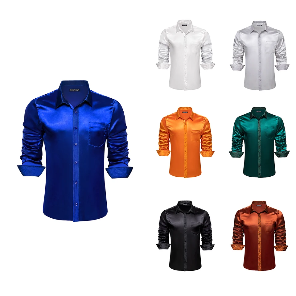 Dizajnér shisry pre mužov Solid paisley hodvábne modrá strieborná biela biela čierna zelená tenká fit mužské blúzky s dlhým rukávom Tops Barry Wang