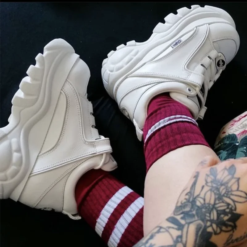 Dizajnérka značky Dámska platforma Príležitostné tenisky Buffalo Low-Top Light 6cm Sole Priedušné topánky Outdoor biele tenisové šnurovanie
