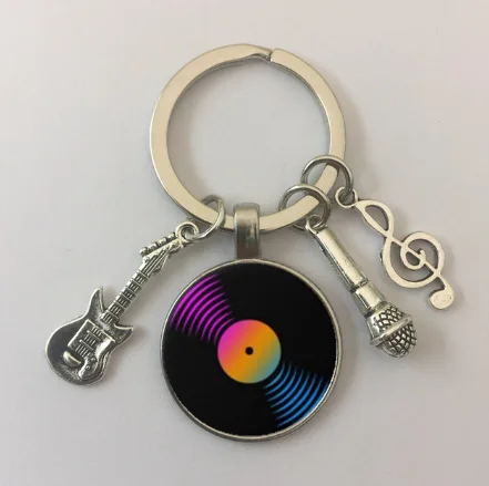 DJ Keychain Drummer Cymbal Keychain prívesok DJ Vinyl Record Foto sklo šperky kovové kĺbové kľúče kľúče kľúča bubení