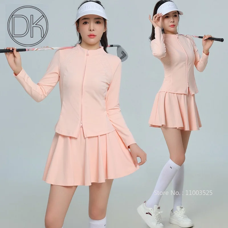 DK Golf Women Windprope Windproof Sports Top s dlhým rukávom zips košeľa dámy skladané golfové sukne vysoký pás tenis