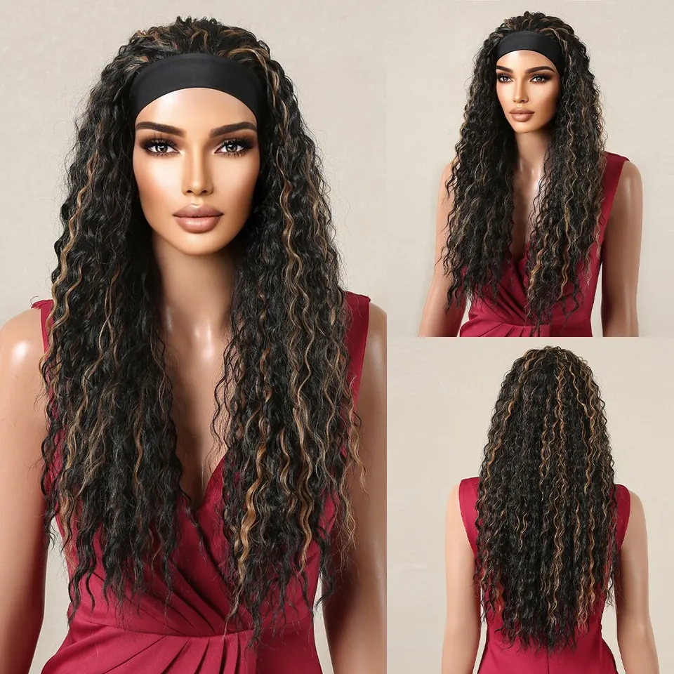 Dlhá afro kučeravá čelenka Parochne Čierne zlaté zvýraznenie Zhlboka vlnitá syntetická čelenka Parochne České vlasy pre ženy Denné večierky