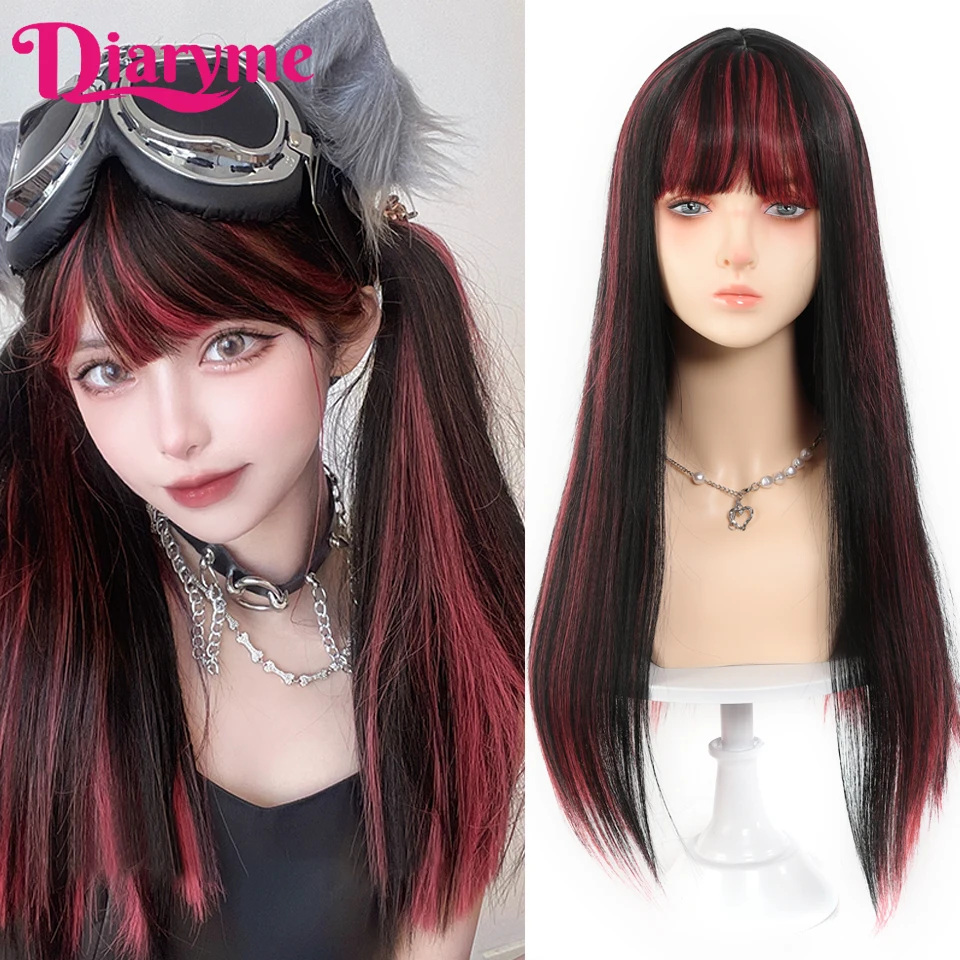 Dlhá rovná parochňa s treskami Syntetické vlasy čierna zmiešaná červená lolita parochňa pre ženy Cosplay a denné opotrebenie Highlights