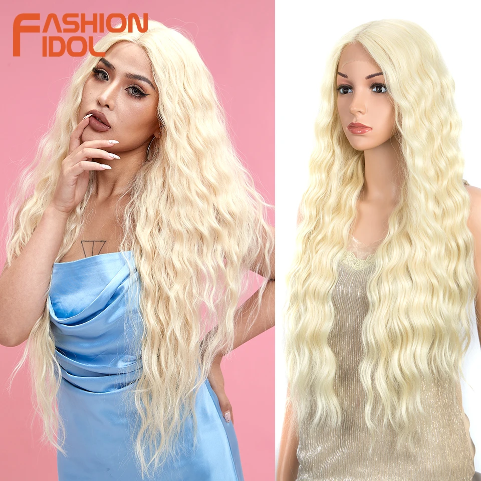 Dlhá vodná vlnitá čipka predná parochňa Syntetická ombre blondínka Vysokoteplotné vlákno 30 palcov Vlasy Vlasy pre ženy Cosplay parochňa módne idol