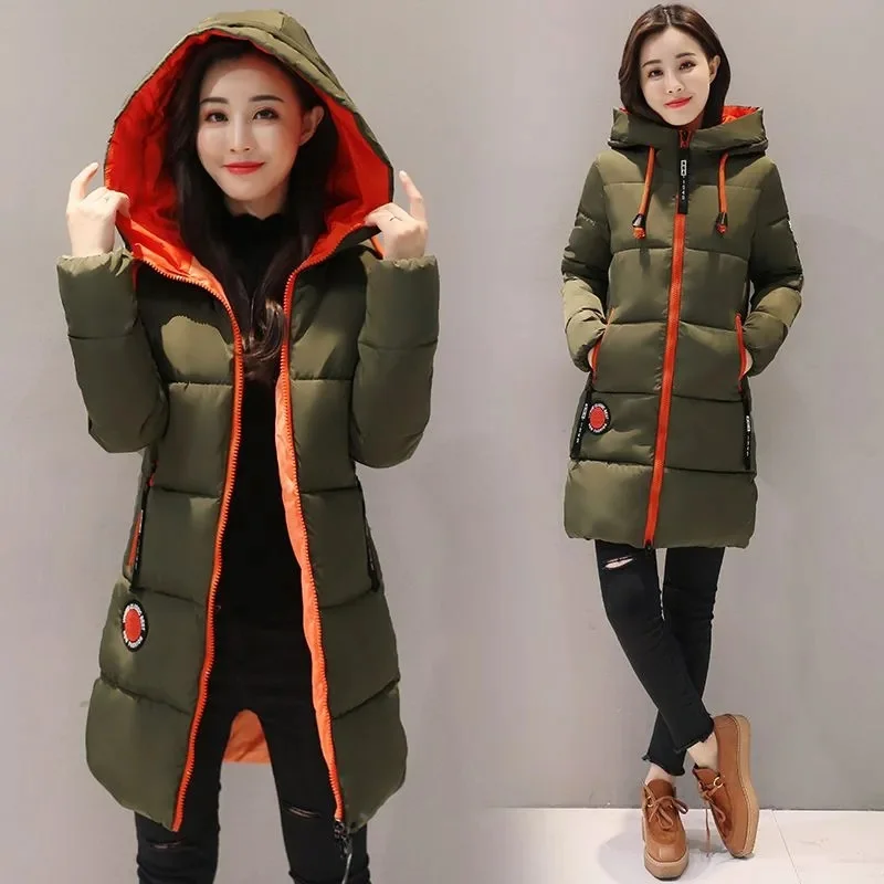 Dlhá zimná parkka bunda Dámska veľká veľkosť bavlnené kabáty s kapucňou s kapucňou, ktorá je zložená na vonkajšie oblečenie Puffer Parka Coat