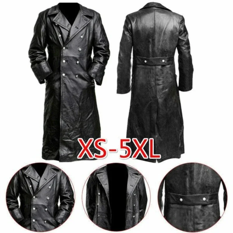 Dlhé bundy pre mužov nemecký klasický klasický vojak vo vojenskom uniforme WW2 Čierna koža Trench Coat
