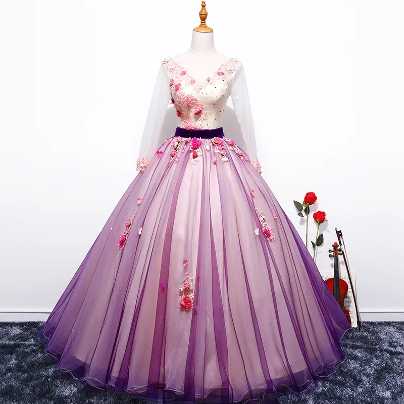 Dlhé rukávy sladké v krku fialová quinceanera šaty 2024 Nové plesové šaty loptové šaty vintage čipky quinceanera šaty na mieru plus veľkosť