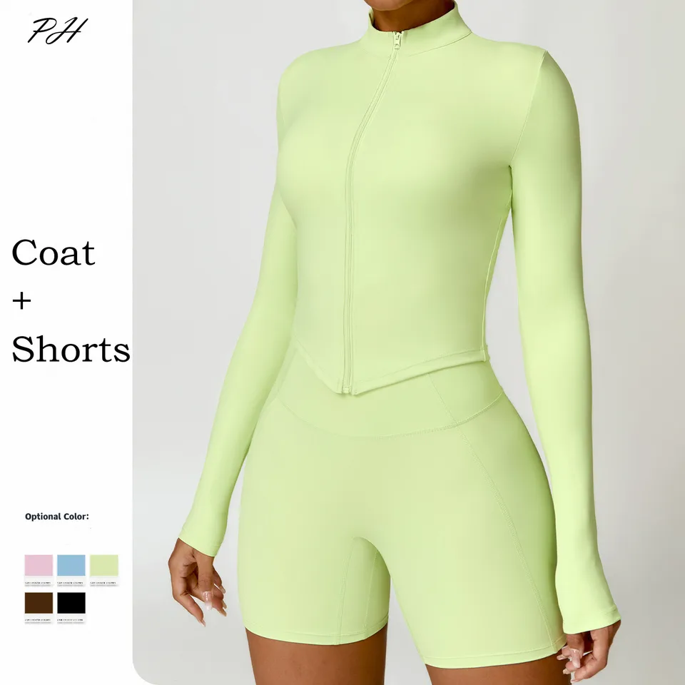 Dlhé rukávy Sport jogy oblek nahý rýchly suchý športový kabát na zips šortky obleky set outfit fitness behal pevne športové oblečenie