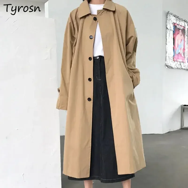 Dlhé výkopy Ženy Elegantný módny kabát All-Match Turning Collar Single Breasted Solid Khaki Outwear Outwear Chic Korean Style Caat